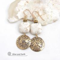 Textured Gold Brass Dangle Earrings with Creamy White Magnesite Stones