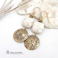 Textured Gold Brass Dangle Earrings with Creamy White Magnesite Stones