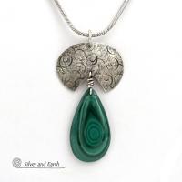 Green Malachite Gemstone Sterling Silver Necklace - Unique One of a Kind Modern Natural Stone Jewelry