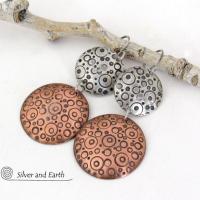 Mixed Metal Earrings with Hand Stamped Sterling Silver & Copper - Unique Contemporary Modern Jewelry