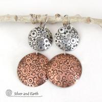 Mixed Metal Earrings with Hand Stamped Sterling Silver & Copper - Unique Contemporary Modern Jewelry