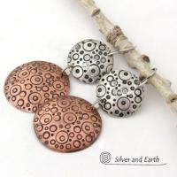 Mixed Metal Earrings with Hand Stamped Sterling Silver & Copper - Unique Contemporary Modern Jewelry