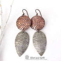 Mixed Metal Earrings with Embossed Copper and Hammered Sterling Silver - Bold Modern Contemporary Jewelry