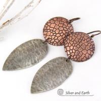 Mixed Metal Earrings with Embossed Copper and Hammered Sterling Silver - Bold Modern Contemporary Jewelry