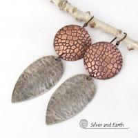 Mixed Metal Earrings with Embossed Copper and Hammered Sterling Silver - Bold Modern Contemporary Jewelry