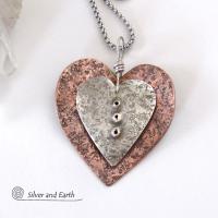 Nesting Mixed Metal Heart Necklace with Sterling Silver & Copper - Unique Romantic Jewelry