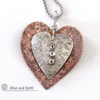 Nesting Mixed Metal Heart Necklace with Sterling Silver & Copper - Unique Romantic Jewelry