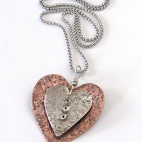 Nesting Mixed Metal Heart Necklace with Sterling Silver & Copper - Unique Romantic Jewelry