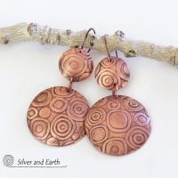 Big Bold Copper Double Dangle Earrings with Abstract Circle Texture - Contemporary Modern Jewelry