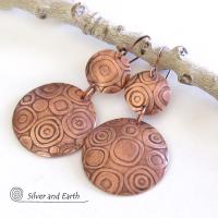 Big Bold Copper Double Dangle Earrings with Abstract Circle Texture - Contemporary Modern Jewelry