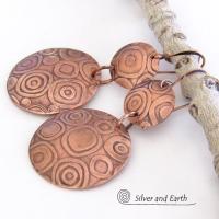 Big Bold Copper Double Dangle Earrings with Abstract Circle Texture - Contemporary Modern Jewelry