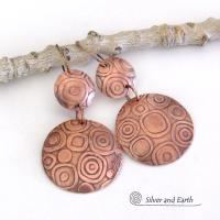 Big Bold Copper Double Dangle Earrings with Abstract Circle Texture - Contemporary Modern Jewelry