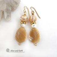 Golden Mother of Pearl Carved Leaf Earrings with Gold Brass Accents
