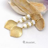 White Mother of Pearl Earrings with Shiny Gold Brass Dangles - Elegant Modern Chic Anniversary and Birthstone Jewelry