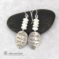 Small Sterling Silver Leaf Earrings with White Mother of Pearl - Modern Earthy Nature Jewelry Gifts for Women