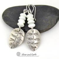 Small Sterling Silver Leaf Earrings with White Mother of Pearl - Modern Earthy Nature Jewelry Gifts for Women