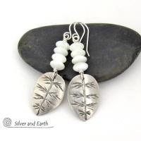 Small Sterling Silver Leaf Earrings with White Mother of Pearl - Modern Earthy Nature Jewelry Gifts for Women