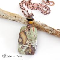 Mushroom Rhyolite Jasper Pendant accented with Tiger's Eye Stones on Antiqued Copper Chain Necklace