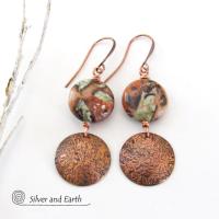 Textured Copper Dangle Earrings with Natural Mushroom Rhyolite Jasper Stones