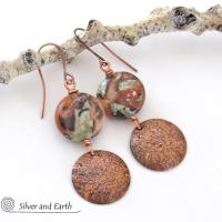 Textured Copper Dangle Earrings with Natural Mushroom Rhyolite Jasper Stones