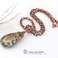 Copper Wire Wrapped Mushroom Rhyolite Natural Jasper Stone Pendant Necklace 