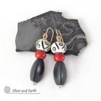 Matte Black Onyx Stone Earrings with African Carved Bone & Red Coral - Ethnic Bohemian Style Jewelry