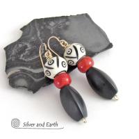 Matte Black Onyx Stone Earrings with African Carved Bone & Red Coral - Ethnic Bohemian Style Jewelry