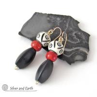 Matte Black Onyx Stone Earrings with African Carved Bone & Red Coral - Ethnic Bohemian Style Jewelry