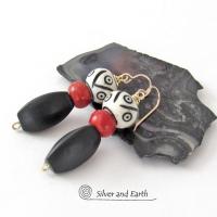 Matte Black Onyx Stone Earrings with African Carved Bone & Red Coral - Ethnic Bohemian Style Jewelry