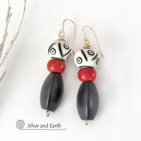 Matte Black Onyx Stone Earrings with African Carved Bone & Red Coral - Ethnic Bohemian Style Jewelry