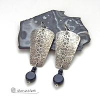 Hammered Sterling Silver Earrings with Black Onyx Gemstones - Artisan Handmade Earthy Organic Modern Jewelry