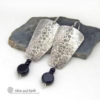 Hammered Sterling Silver Earrings with Black Onyx Gemstones - Artisan Handmade Earthy Organic Modern Jewelry