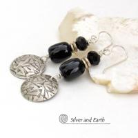 Hand Stamped Sterling Silver Earrings with Black Onyx Gemstones & Faceted Crystal Beads