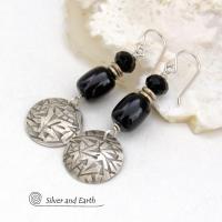 Hand Stamped Sterling Silver Earrings with Black Onyx Gemstones & Faceted Crystal Beads