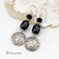 Hand Stamped Sterling Silver Earrings with Black Onyx Gemstones & Faceted Crystal Beads