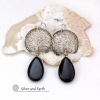 Sterling Silver Earrings with Black Onyx Gemstones- Contemporary Modern Artisan Handmade Jewelry