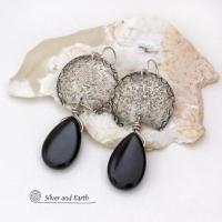 Sterling Silver Earrings with Black Onyx Gemstones- Contemporary Modern Artisan Handmade Jewelry