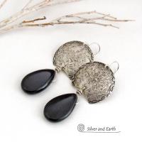 Sterling Silver Earrings with Black Onyx Gemstones- Contemporary Modern Artisan Handmade Jewelry