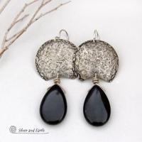 Sterling Silver Earrings with Black Onyx Gemstones- Contemporary Modern Artisan Handmade Jewelry