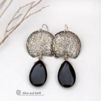 Sterling Silver Earrings with Black Onyx Gemstones- Contemporary Modern Artisan Handmade Jewelry