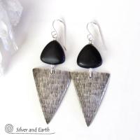 Sterling Silver Triangle Earrings with Black Onyx - Modern Silver Jewelry