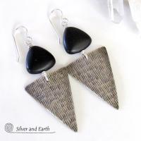 Sterling Silver Triangle Earrings with Black Onyx - Modern Silver Jewelry