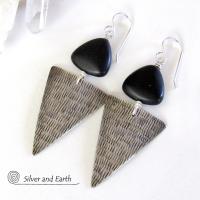 Sterling Silver Triangle Earrings with Black Onyx - Modern Silver Jewelry