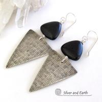 Sterling Silver Triangle Earrings with Black Onyx - Modern Silver Jewelry