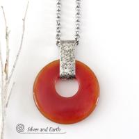 Orange Carnelian Sterling Silver Pendant Necklace - Earthy Modern Natural Gemstone Jewelry