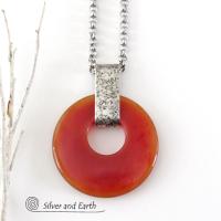 Orange Carnelian Sterling Silver Pendant Necklace -  Earthy Modern Natural Gemstone Jewelry