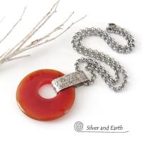 Orange Carnelian Sterling Silver Pendant Necklace -  Earthy Modern Natural Gemstone Jewelry