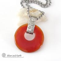 Orange Carnelian Sterling Silver Pendant Necklace -  Earthy Modern Natural Gemstone Jewelry