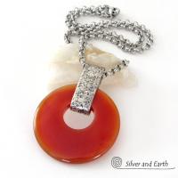 Orange Carnelian Sterling Silver Pendant Necklace - Earthy Modern Natural Gemstone Jewelry