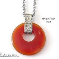 Orange Carnelian Sterling Silver Pendant Necklace - Earthy Modern Natural Gemstone Jewelry